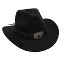 Detail eines schwarzen Western-Cowboyhuts mit Lederband und gravierter Metall-Bullenkopf-Schnalle - Einheitsgröße / Schwarz