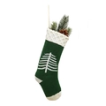 Detail of green knitted Christmas stocking with white tree patterns and pine cone accents - Green Christmas Tree / Green