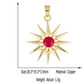 Detail view of a 28.5mm gold copper sun pendant with a red zircon stone and dimensions - Style 3 (Gold Star Red Gem)