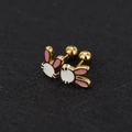 Macro view of cute gold rabbit screw back earrings with pink and white enamel details - Cat / Gold