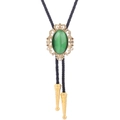 Detail of green turquoise bolo tie with vintage gold crown pattern and black leather cord - 10 (Gold with Green Cat's Eye)