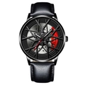 Orologio da uomo con design a mozzo di ruota, pinza rossa e cinturino in pelle nera - Cassa Argento Quadrante Nero - Cinturino in Pelle Nera