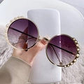Round fashion sunglasses with gold metal frame, pearl trim, and purple gradient lenses - Gold Frame Gradient Grey