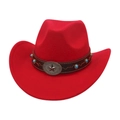 Detail of red felt cowboy hat featuring turquoise studs and silver star buckle strap - One Size / Red (Bronze Star)
