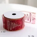 Deep red organza Christmas ribbon with gold edges and glitter patterns, 6.3cm x 9m - 10 Yards (Approx. 9m) / Red Christmas Tree Mesh Ribbon