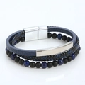 Detail of multi-layer blue braided leather bracelet with black matte beads and magnetic clasp - Navy Blue + Silver Clasp