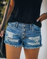 Dettagli degli shorts di jeans blu a vita alta con strappi e bordi sfrangiati per donna - S / Blu scuro