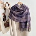 Thick purple plaid cashmere scarf with Good Luck patch and tassels for winter wear - Block Plaid Purple