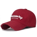 Distressed burgundy baseball cap with Becoming embroidery and white Swordsman lettering - Burgundy