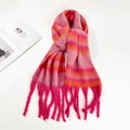Pink and orange striped mohair scarf with fringe tassels on white background - Pink Orange Striped