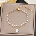 Minimalist double-layer gold stainless steel pearl bracelet with opal pendant - Gold Double Layer Pearl Opal Style (539)
