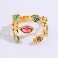 Adjustable gold titanium steel ring featuring colorful leaf-shaped gemstone settings - Colorful Garland Style (JZ22-1)