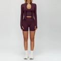 Ensemble de yoga 3 pièces violet foncé sans couture avec veste zippée et short - S / Haut Et Bas / Ensemble 3 Pièces (Soutien-Gorge+Short+Veste) / Rouge prune