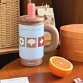 Blue stainless steel coffee tumbler with brown lid, handle and quote good luck in tomorrow - Blue Coffee Star-Ceramic-900ML