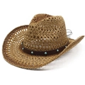 Sombrero vaquero de paja tejida marrón con banda de cuero turquesa y ala ancha - M (56-58cm) / Estilo Vaquero Tejido Marrón(03)