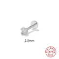 Macro detail of a 2.5mm S925 sterling silver stud with round cubic zirconia and flat back - Platinum-2.5MM