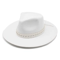 Elegant white wide-brim wool fedora with a beige woven band and bohemian style details - M (56-58cm) / White