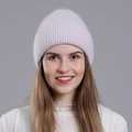Women's warm light pink knit beanie with soft rabbit fur texture and ribbed winter design - Light Purple