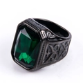 Vintage stainless steel ring with a large rectangular green gemstone and ornate engraving - US 7 / Black Base Green Gemstone