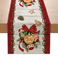 Christmas table runner with Season's Greetings prints on white wood grain background - Baubles and Pine Cones Decor