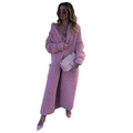 Pink long knit cardigan with lapels and chunky knit texture on plain white background - 3XL / Purple