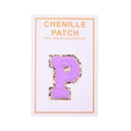 Detail of purple chenille letter P patch with gold glitter edge and adhesive backing - Letter P / Purple