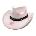 Detail of pink star pattern on white felt cowboy hat with bull head stud band - M (56-58cm) / White