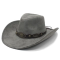 Grijze western cowboyhoed met brede rand, leren band en koperen stierkop versiering - M(56-58cm) / Middelgrijs