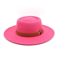 Detail of rose red wool boater hat with double-layered brown leather buckle belt trim - M (56-58cm) / Rose Red