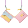 Macaron color multi-functional mini pouch with pink and blue heart charm and lanyard - Pink