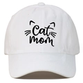 White cotton baseball cap featuring black Cat Mom embroidery and cat ear motif - White