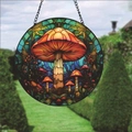 Colorful mushroom art glass style suncatcher with black metal hanging chain for garden - Mushroom