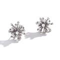 Silver snowflake earrings with white pearls and rectangular crystals on white background - Pearl Rhinestone Firework Stud Earrings / Steel