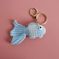 Handcrafted blue crochet goldfish keychain made from soft cotton yarn with gold ring - Blue Goldfish