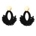 Bohemian fan-shaped handmade beaded earrings with black tassels and gold metal studs - Black