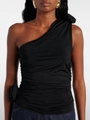 Women's chic black one-shoulder slim top with side floral ruffles and pleated design - S / Black