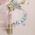 Elegant silver snake chain bracelet with blue glass beads and heart charm pendant - Blue Heart Style(5#)