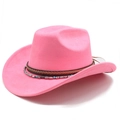 Détail du chapeau en daim rose avec ruban tressé marron et perles de turquoise - M (56-58cm) / Rose vif