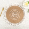 Close-up of jute placemat with white mandala pattern and lace tassel trim details - White Pom-poms Pattern 1