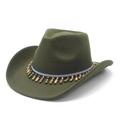 Detail of dark olive green wool fedora featuring ethnic style woven band and colorful beads - M (56-58cm) / Army Green