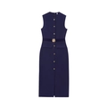 Detail of navy blue sleeveless midi dress with gold buttons and matching belt detail - Navy Blue