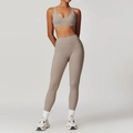 Set yoga senza cuciture kaki da donna con reggiseno sportivo e leggings alti - Taglia S / Top E Pantaloni / Reggiseno sportivo + Leggings / Lino