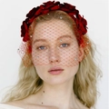 Retro red camellia headband with sparkling rhinestones and mesh veil for party - Rhinestone Style / Red with Rhinestones