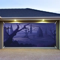 Halloween garage door banner with spooky graveyard scene in deep purple and blue tones - 100cmx70cm / Blue Ghost Scene Style (WS095)