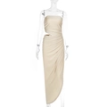 Detail view of the cut-out waist and ruched fabric texture on this elegant beige maxi dress - S / Apricot