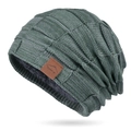 Winter dark teal knitted beanie with warm fleece lining and sport leather patch - Mixed Green