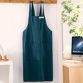Minimalist dark green cotton linen apron with large front pockets and cross straps - Blue