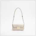Detail of cream white faux crocodile leather handbag with gold geometric lock and chain - Off White