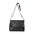 Minimalistische zwarte leren shopper met rond ornament en brede schouderriem met print - Klein / Zwart