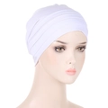Detailed view of white pleated turban cap made of high-elastic knit fabric for women - White